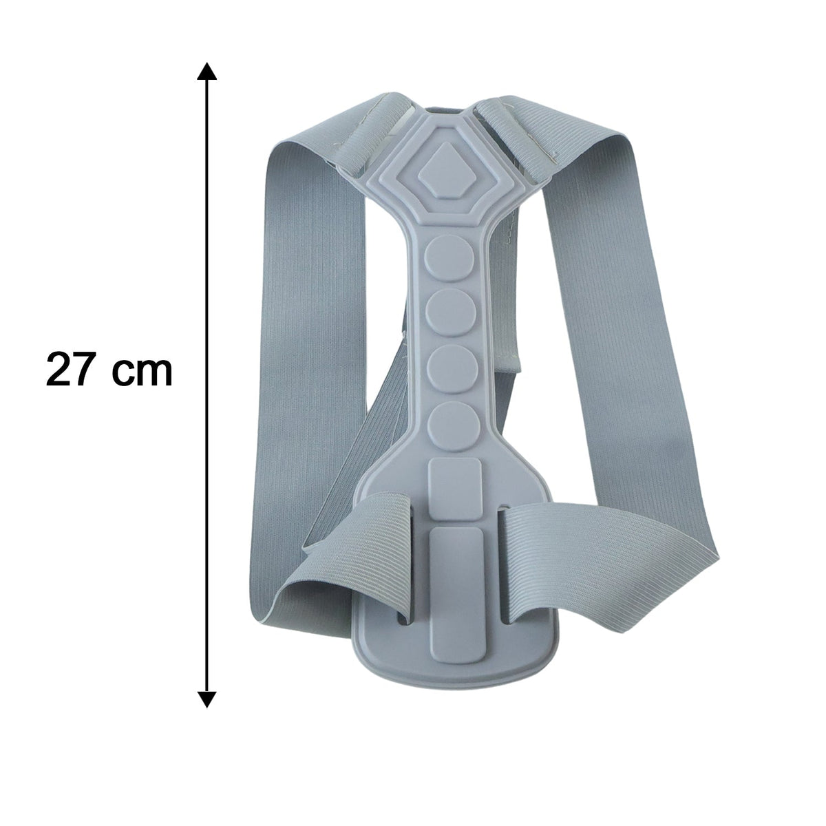 A grey posture corrector belt with a central spine support, showing a measurement of 27 cm in height.