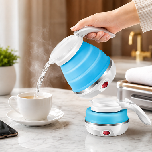 A hand pours hot water from a blue and white foldable electric kettle into a white teacup on a marble counter.