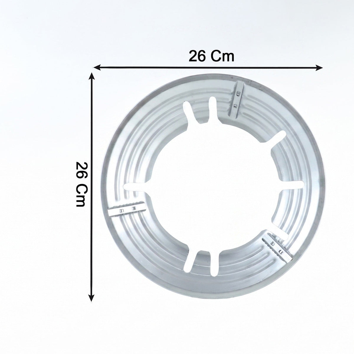 A top-down view of the circular silver gas stove trivet with dimensions indicating 26 cm by 26 cm.