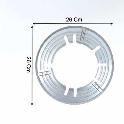 A top-down view of the circular silver gas stove trivet with dimensions indicating 26 cm by 26 cm.