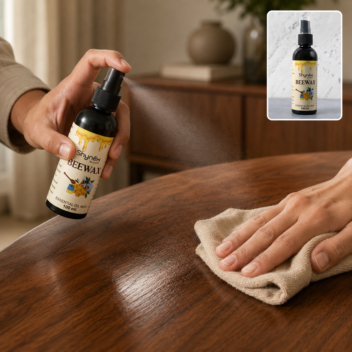 A hand sprays beeswax polish onto a wooden table, while another hand wipes it with a beige cloth.