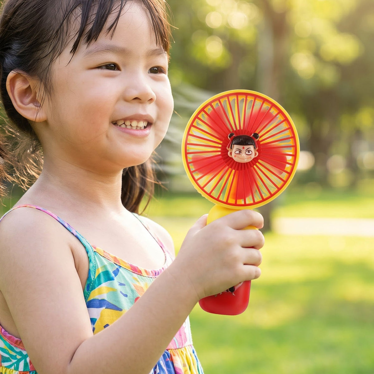 A young girl smiling and holding a red and yellow mini fan with a cartoon character face in the center. – view 3