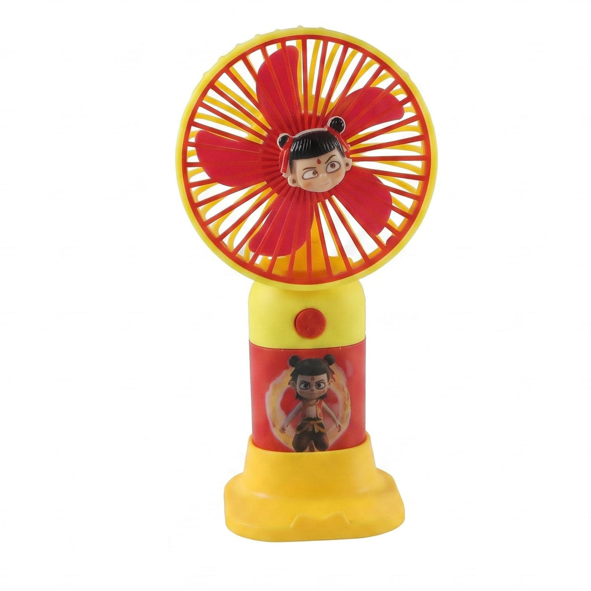 A red and yellow mini fan with a cartoon character face and stand, on a white background.