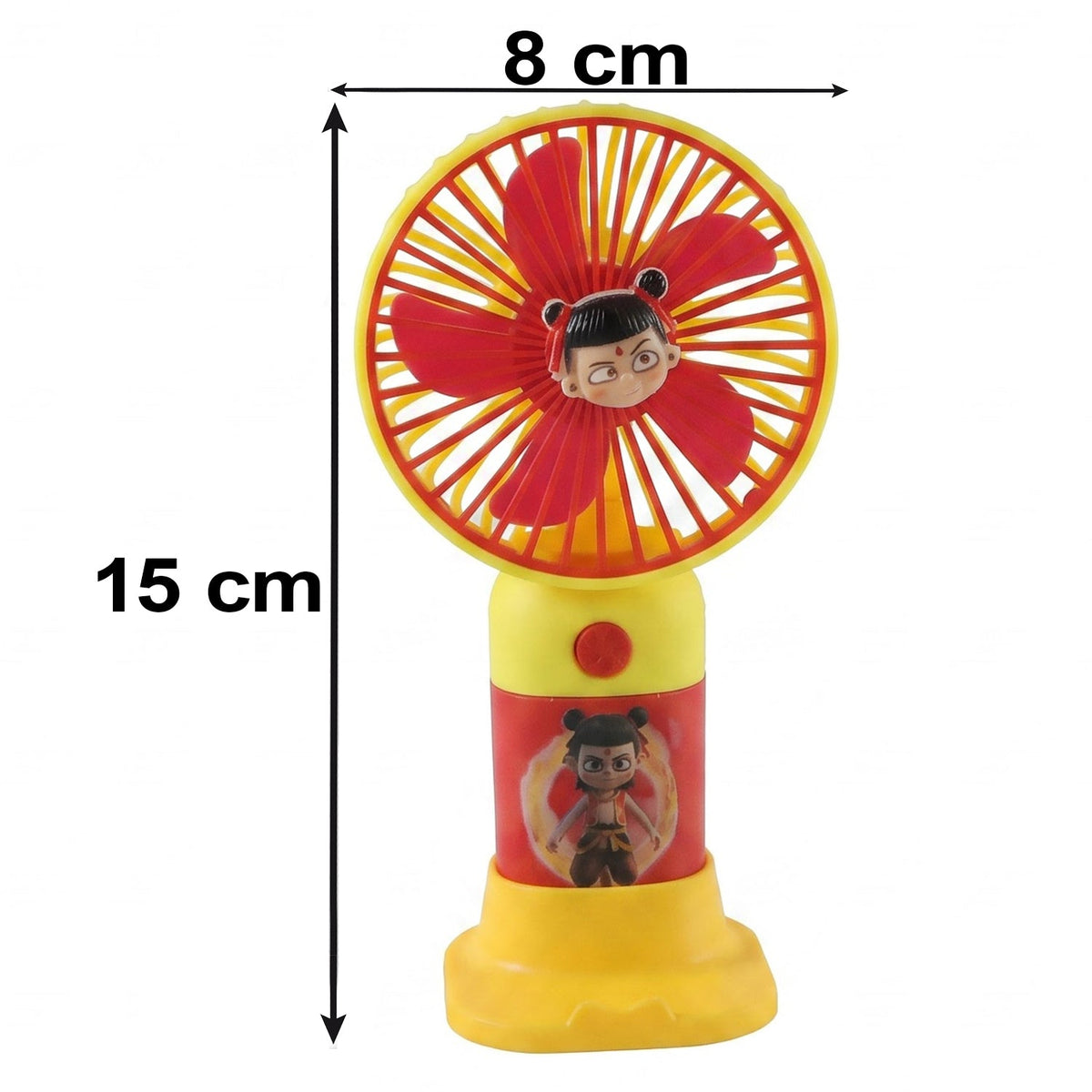A red and yellow mini fan with a cartoon character face and stand, with dimensions of 15 cm and 8 cm.