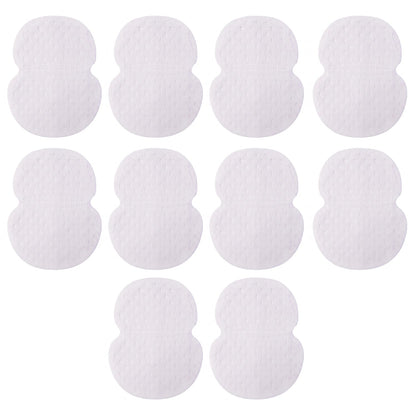 Ten white, hourglass-shaped, textured sweat pads are neatly arranged in rows on a white background.