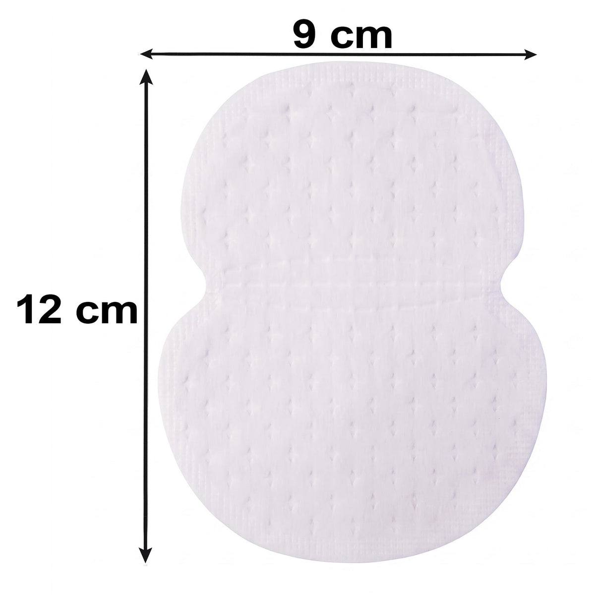 A single white, textured sweat pad with black arrows indicating a width of 9 cm and a length of 12 cm.