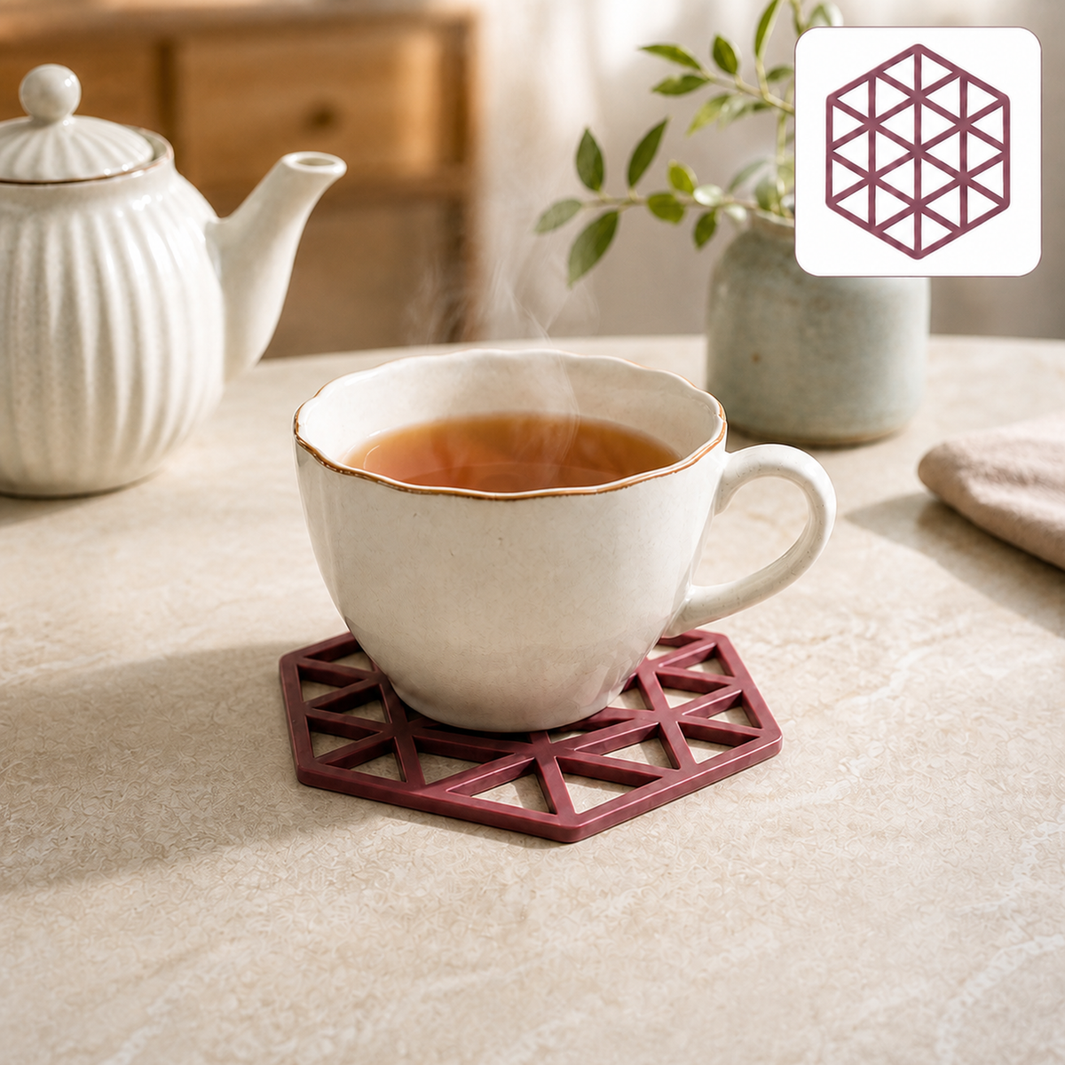 A steaming cup of tea sits on a single maroon hexagonal silicone coaster on a light-colored table.