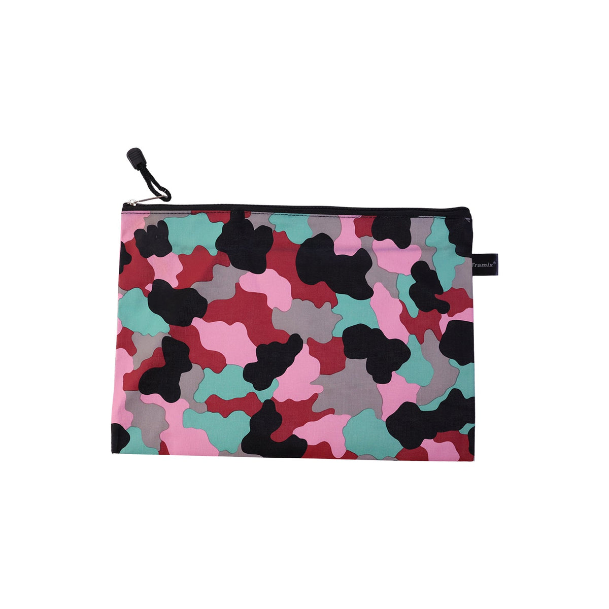 A flat, closed pouch with a pink, red, black, grey, and teal camouflage pattern, featuring a black zipper and pull tab,