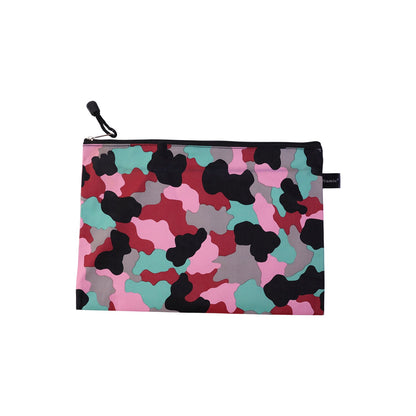 A flat, closed pouch with a pink, red, black, grey, and teal camouflage pattern, featuring a black zipper and pull tab,