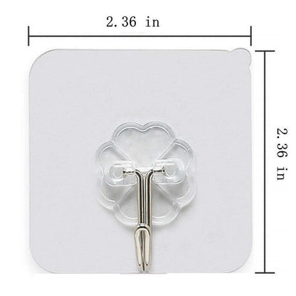 A transparent self-adhesive hook with a silver metal hook on a white background, showing its 2.36 inch dimensions.