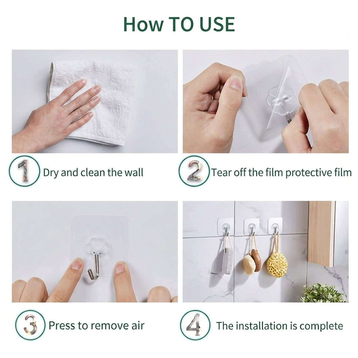 A four-step instruction guide showing how to install the transparent self-adhesive hook and its use.