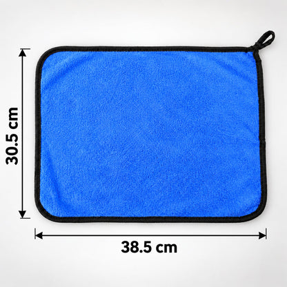 A blue microfiber cleaning cloth with a black border, displayed flat with dimensions of 30.5 cm by 38.5 cm.