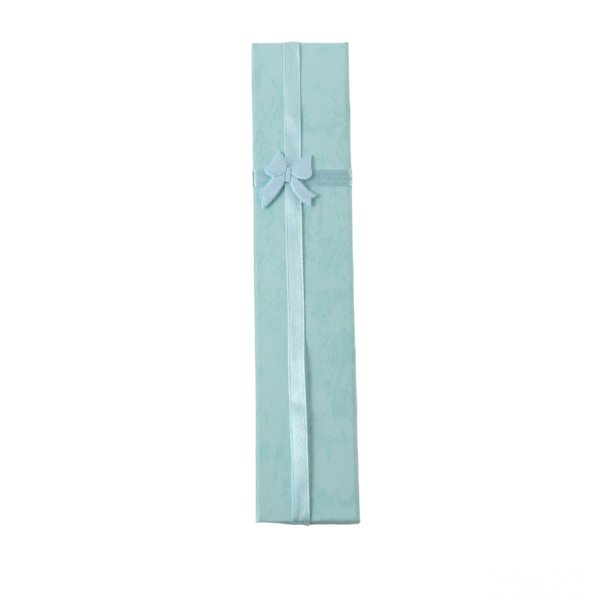 A closed light blue rectangular gift box with a light blue ribbon and bow, on a white background.