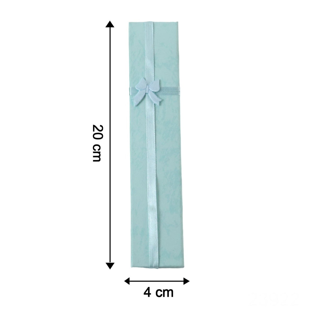 A closed light blue rectangular gift box with a light blue ribbon and bow, on a white background with dimensions 20 cm by 4