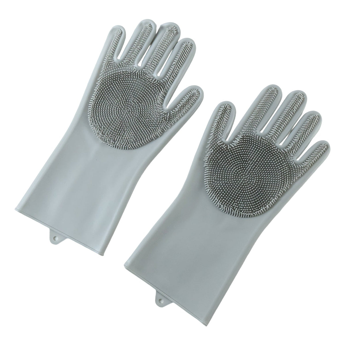 A pair of grey silicone scrubbing gloves with textured palms is angled on a white background.