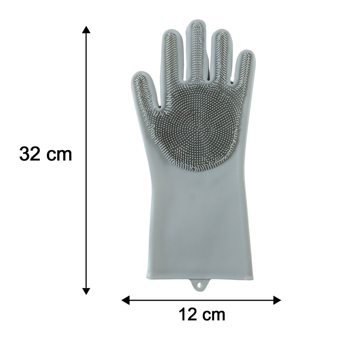 A single grey silicone scrubbing glove is shown with dimensions: 32 cm length and 12 cm width.