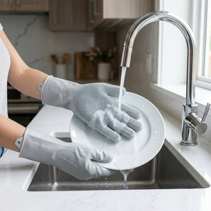 A person wearing grey silicone gloves with scrubbing bristles washes a white plate under running water in a kitchen sink.