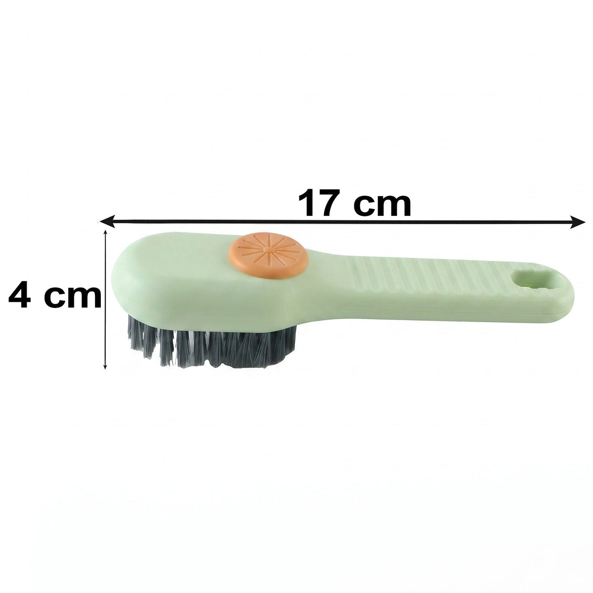 A light green and orange liquid-dispensing brush with dark bristles is shown with dimensions of 17 cm length and 4 cm height.