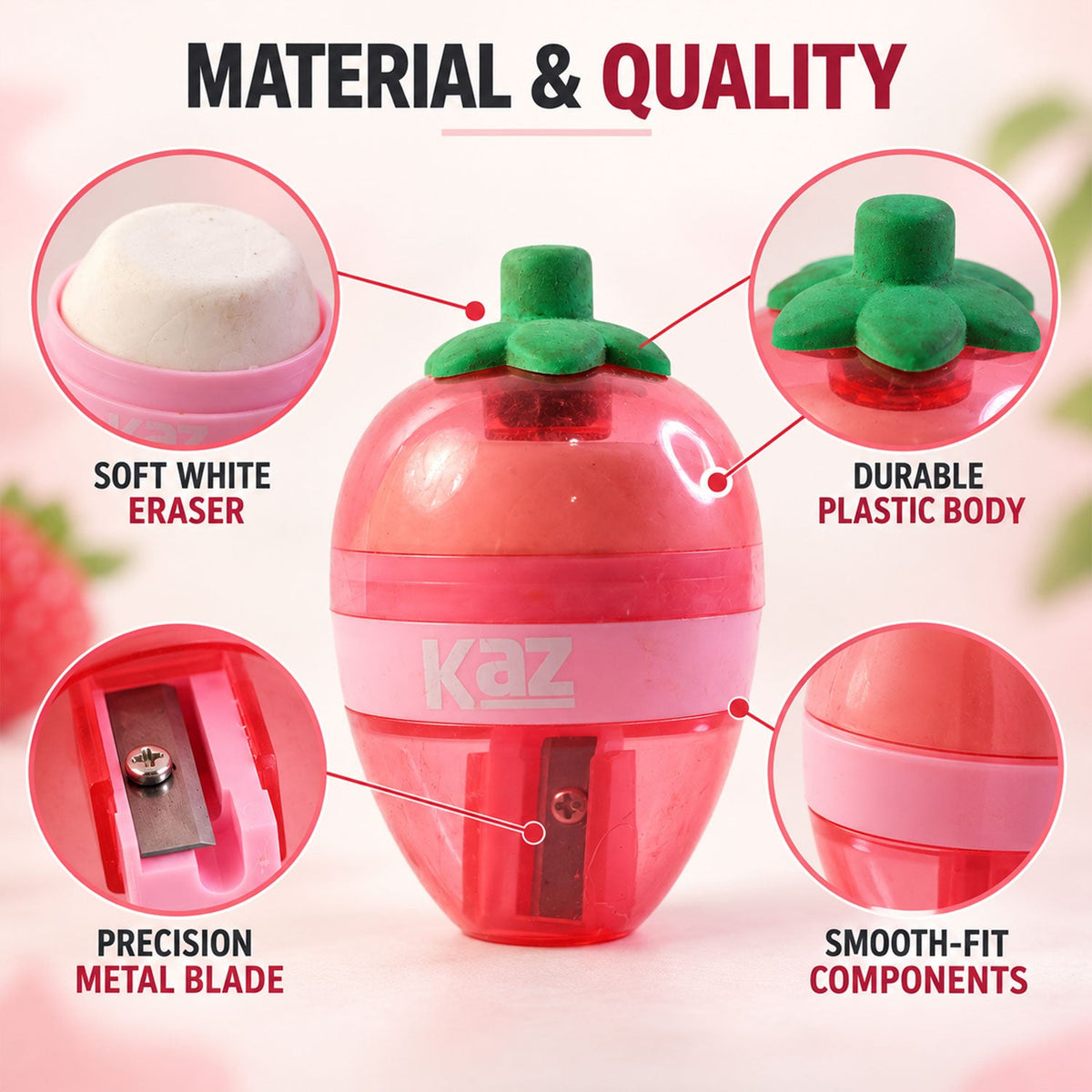 A detailed view of the strawberry-shaped sharpener, highlighting its plastic body, metal blade, and eraser.