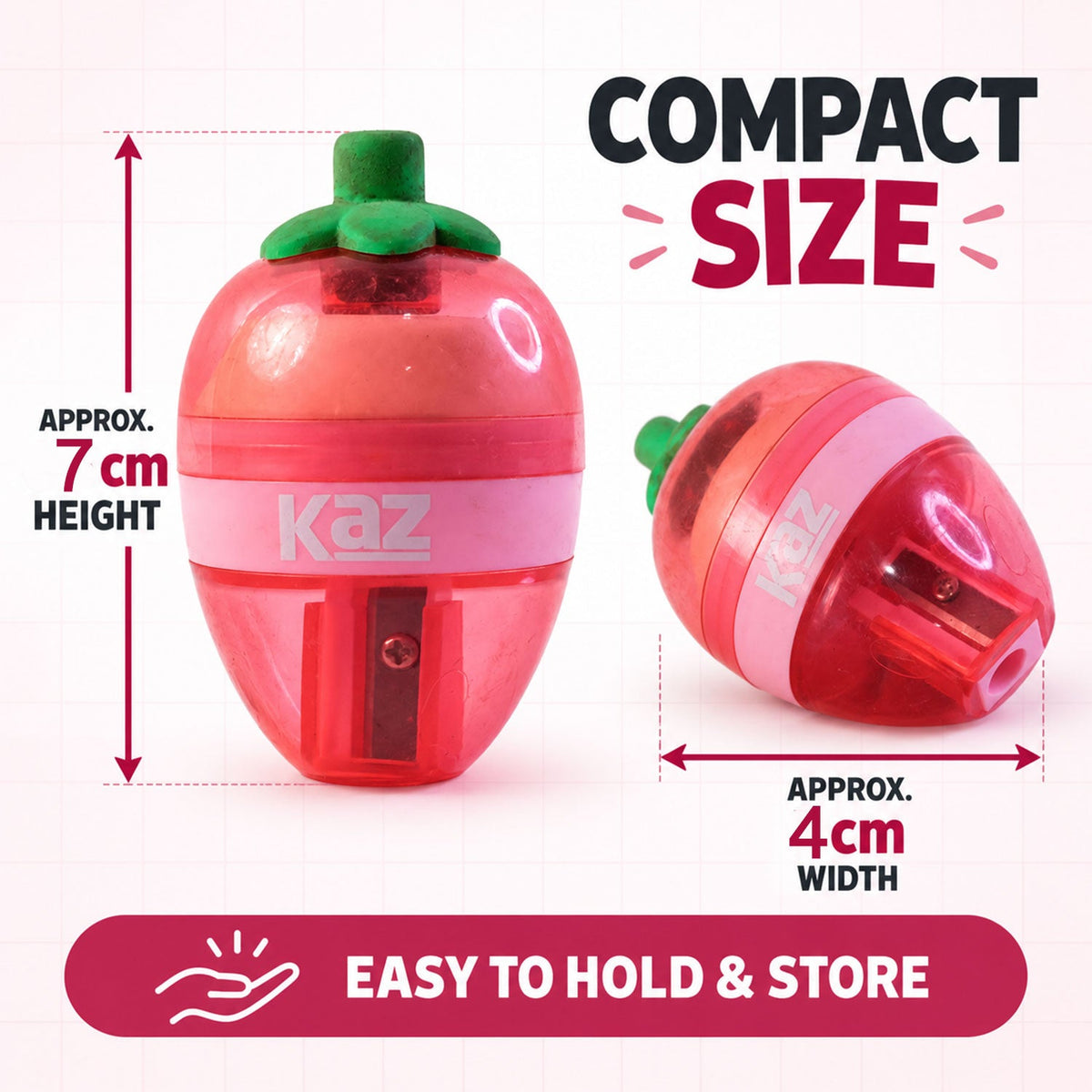 Two views of the strawberry-shaped sharpener, showing its approximate 7cm height and 4cm width.