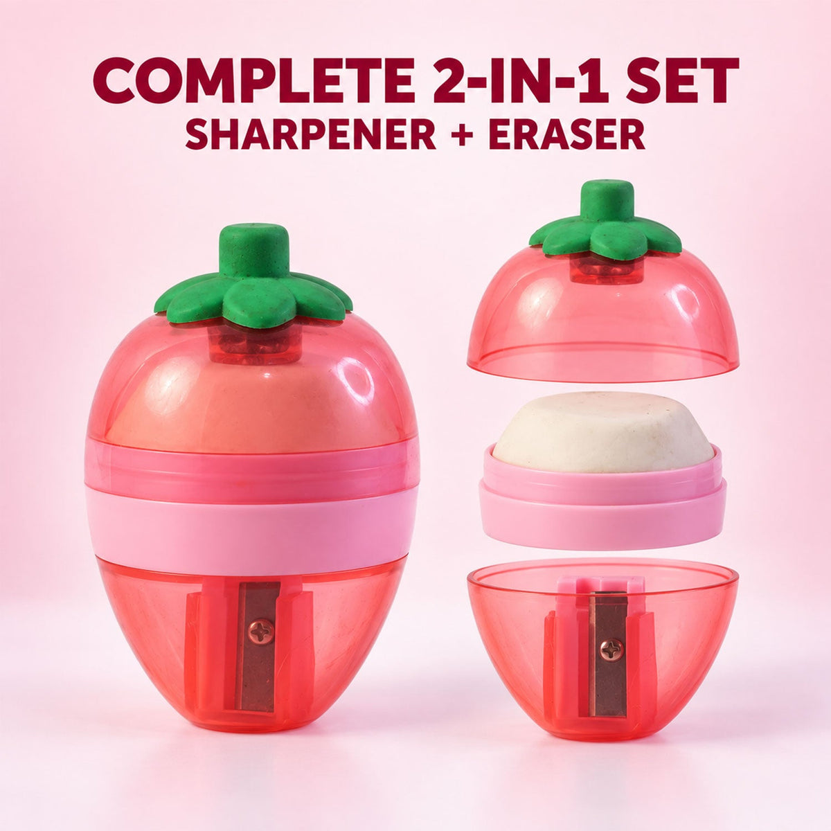 The strawberry-shaped sharpener disassembled into three parts: top, middle with eraser, and bottom with blade.