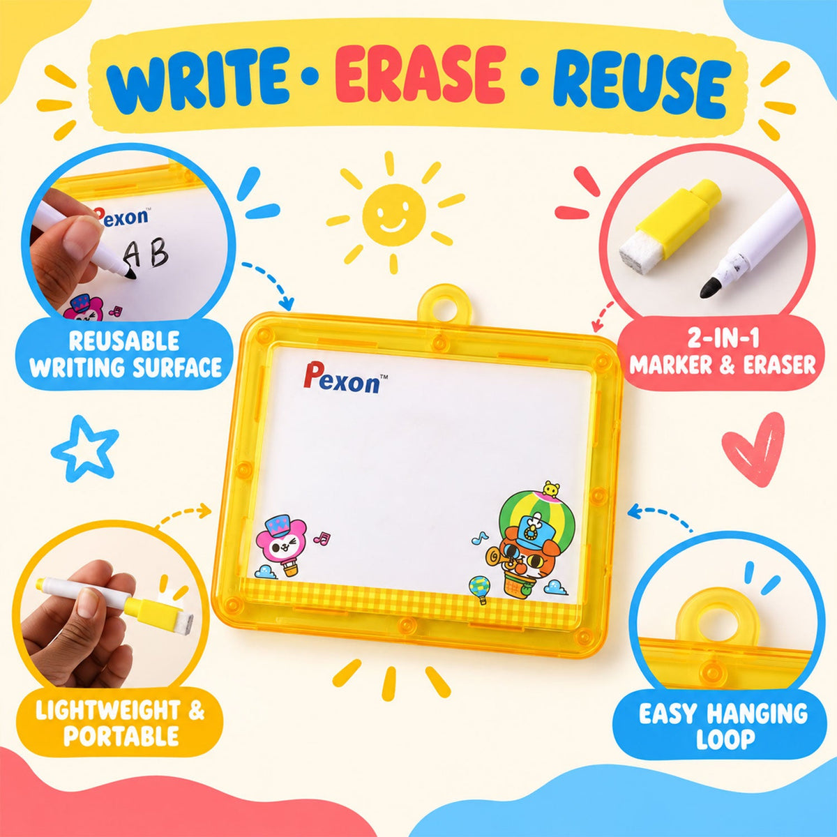 A yellow-framed Pexon writing board with four circular insets highlighting its features: writing surface, marker,