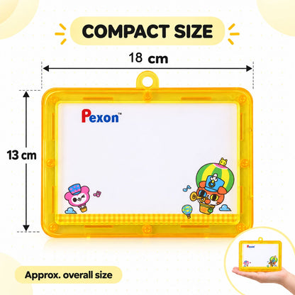 A yellow-framed Pexon writing board displaying its dimensions: 18 cm width and 13 cm height. A small inset shows it held in