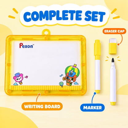 A yellow-framed Pexon writing board with a yellow marker and a yellow eraser cap. Text labels identify each component as a