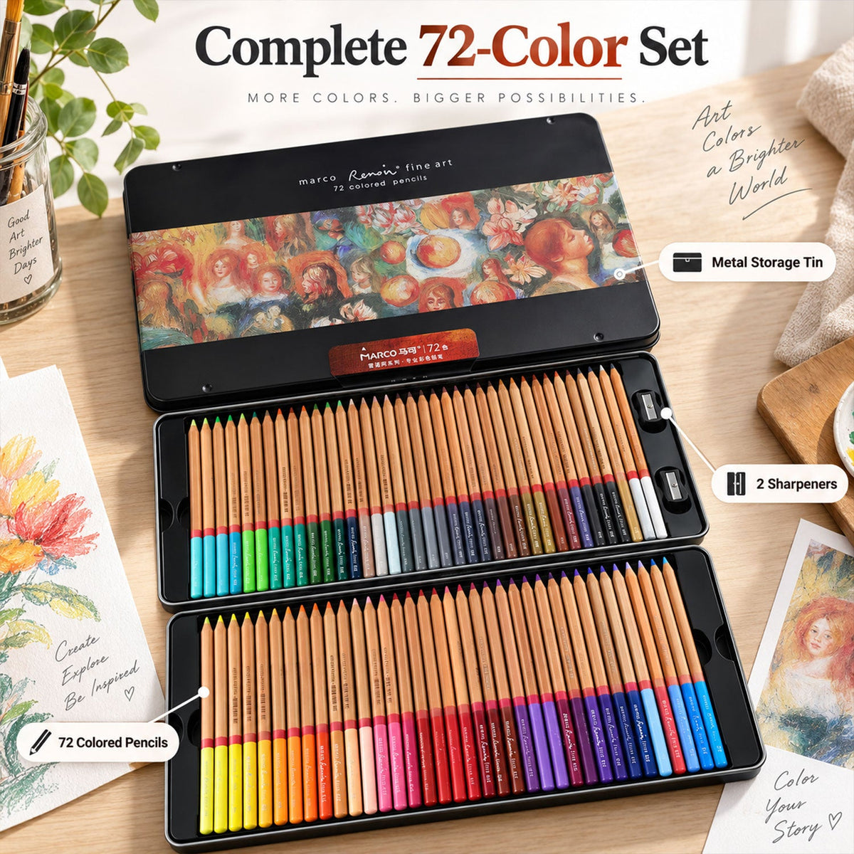 An open black metal tin contains 72 colored pencils and two sharpeners, with a small painting and art supplies nearby.