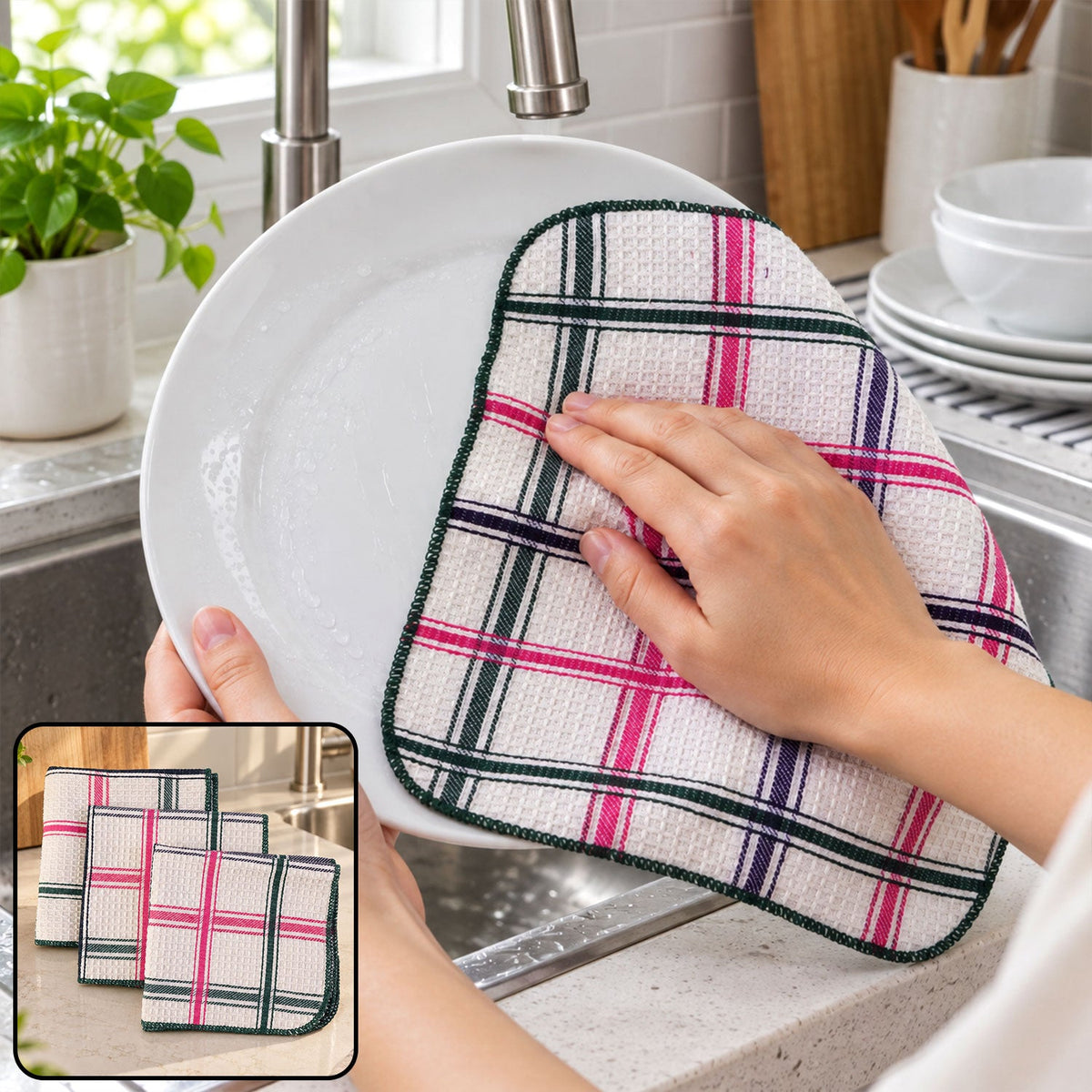 Checked dish cleaning cloth wiping a plate