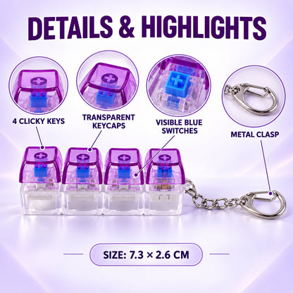 A graphic highlighting the features of the purple and clear four-key keyboard switch keychain, including size and details.