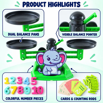 A green elephant-themed math balance scale with black pans, colorful number pieces, counting rods, and cards.