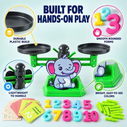 A green elephant math balance scale with black pans, colorful numbers, and green counting rods, highlighting features.