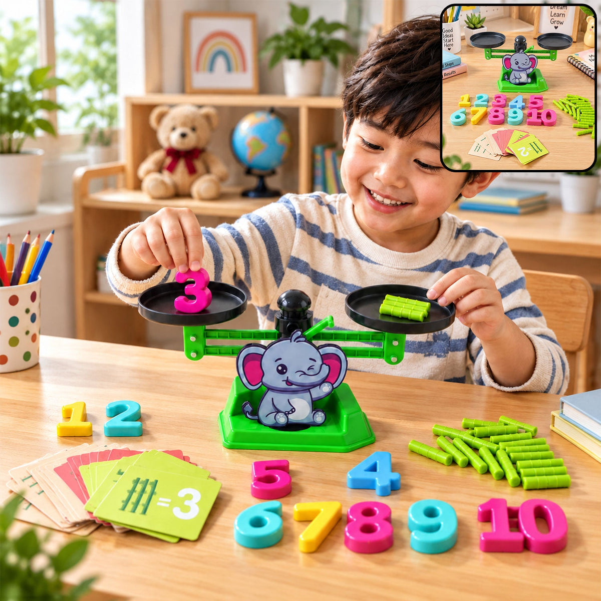 A smiling child places a pink number 3 on a green elephant math balance scale, surrounded by game pieces.