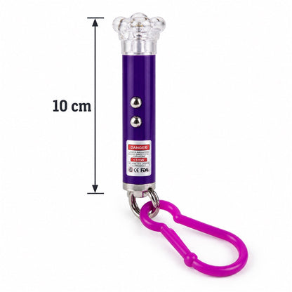 A purple laser pointer keychain with a clear flower cap and pink clip is shown with a 10 cm measurement.