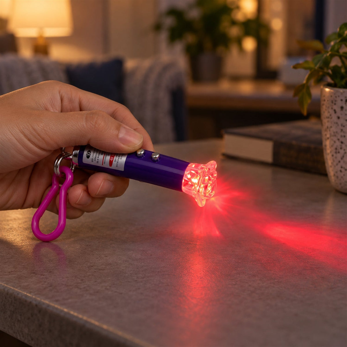 A hand holds a purple laser pointer keychain, casting a red light pattern onto a grey tabletop in a dimly lit room.