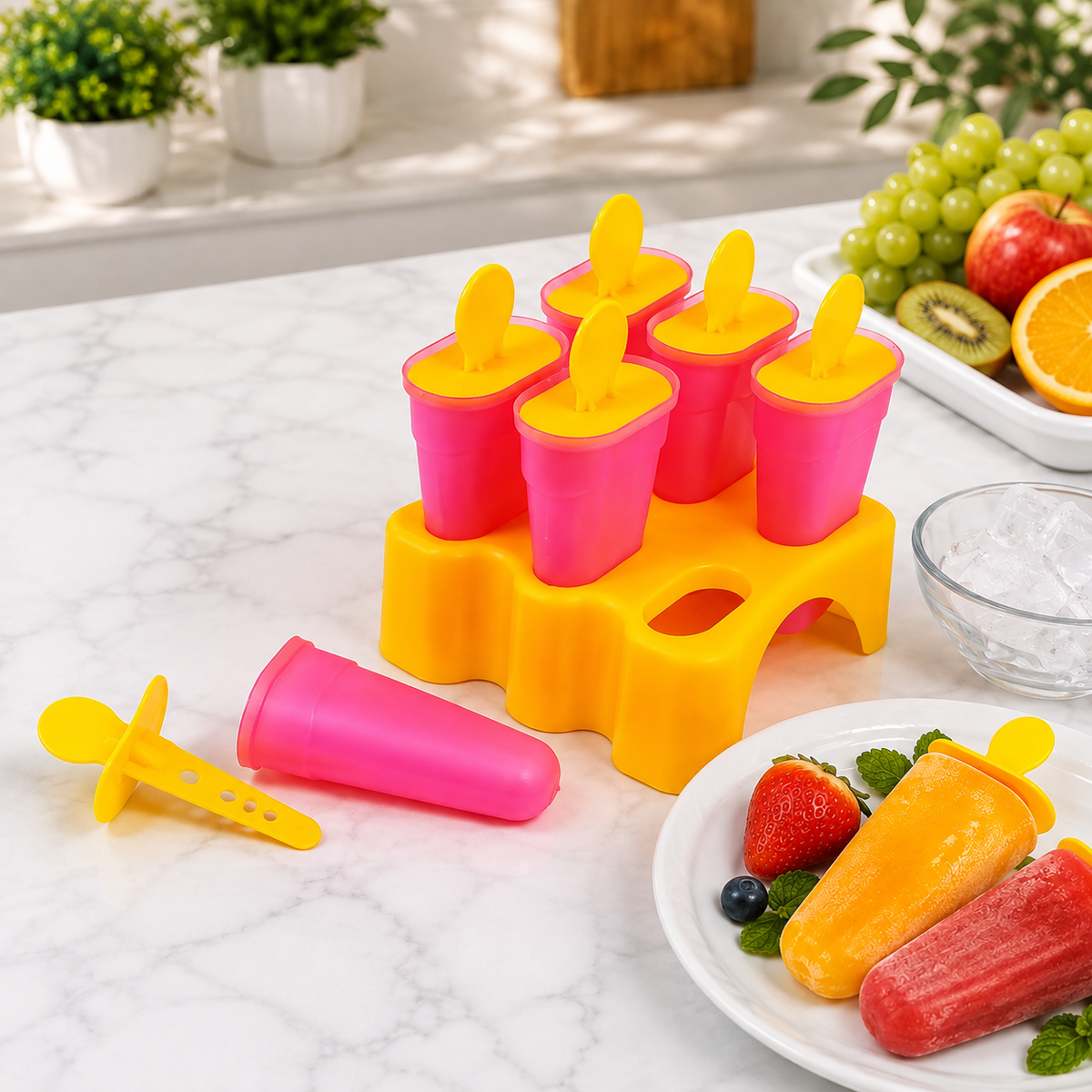 Six pink and yellow popsicle molds in a yellow stand, with two completed popsicles on a white plate with berries.