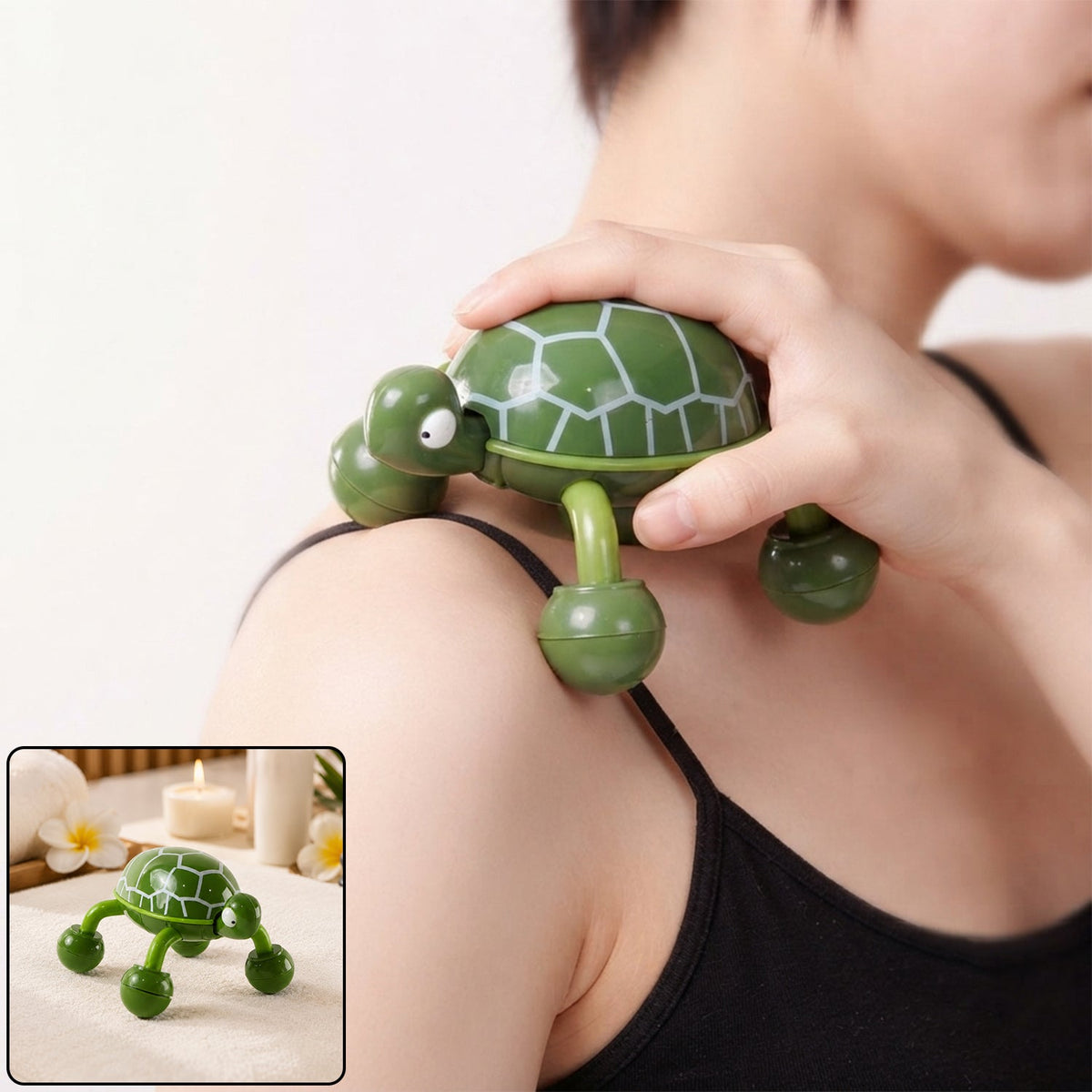 A person's hand guides a green turtle-shaped massager with four rolling feet across their shoulder, providing relief.