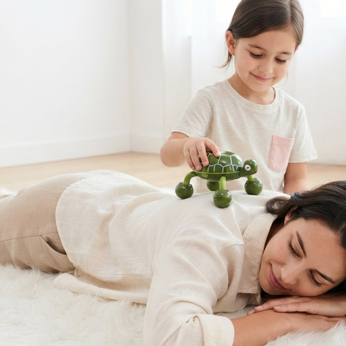A child gently rolls a green turtle massager on a woman's back as she lies comfortably on a soft, white rug.