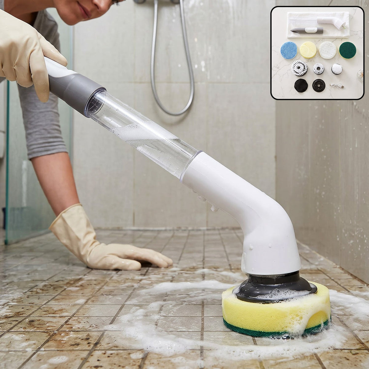 Long handle cleaning scrubber with interchangeable head