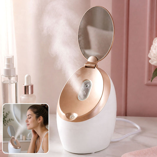 Electric facial steamer with mirror for home spa use