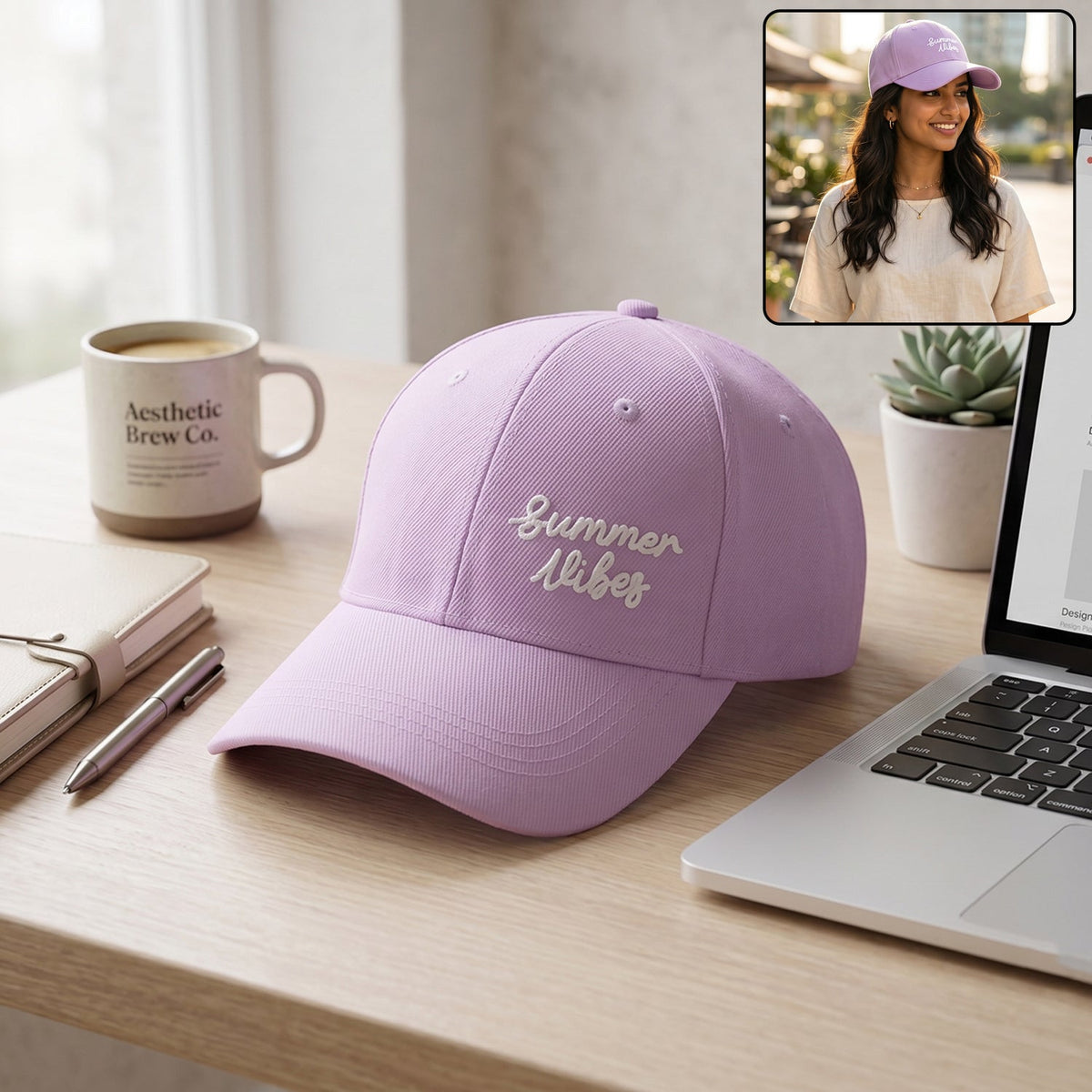 Lavender baseball cap with "Summer Vibes" embroidery on a desk next to a laptop and coffee mug, with an inset of a woman