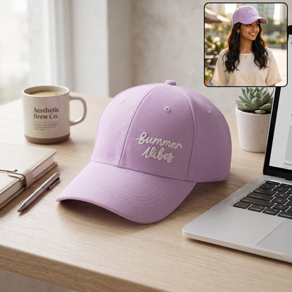 Lavender baseball cap with "Summer Vibes" embroidery on a desk next to a laptop and coffee mug, with an inset of a woman