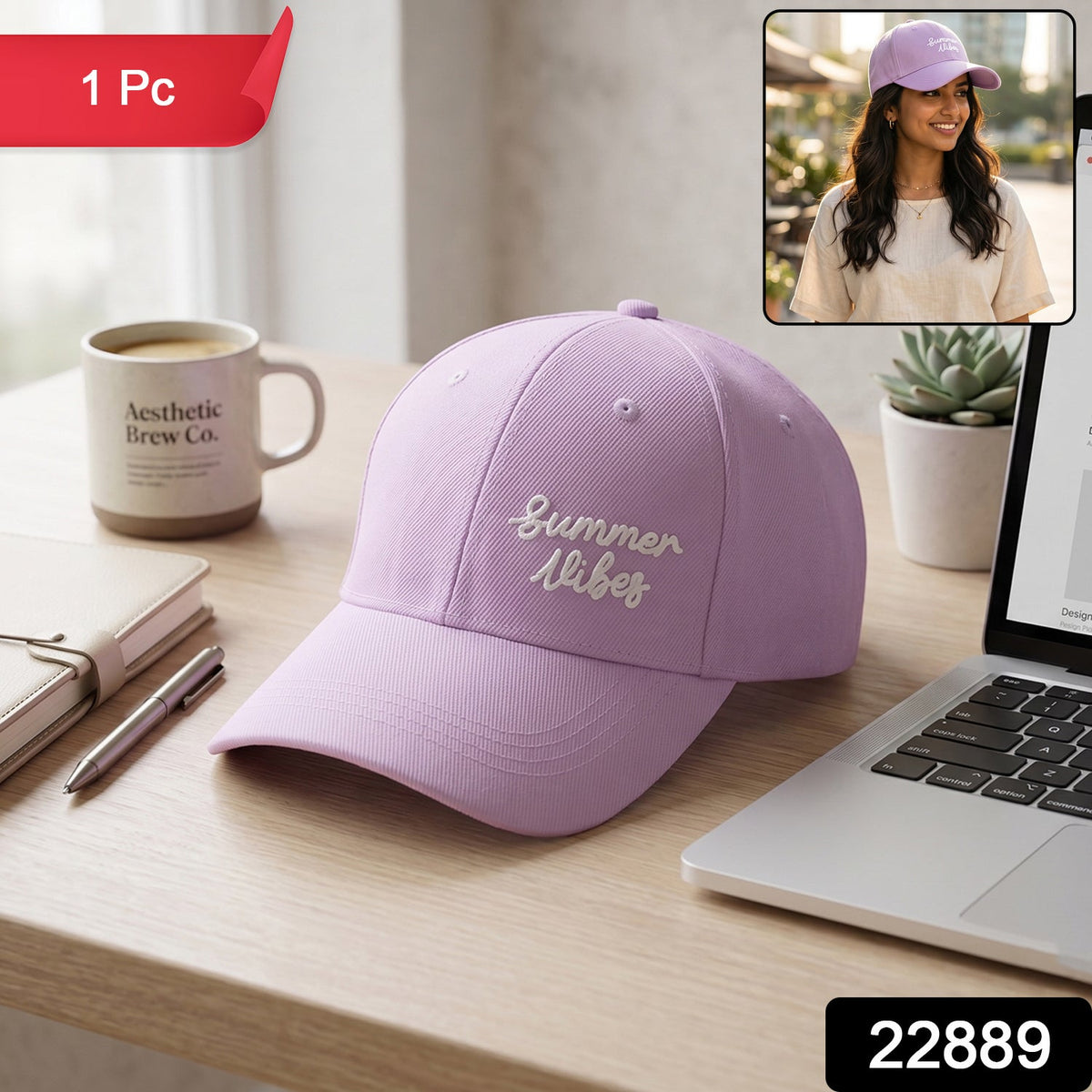 Lavender baseball cap with "Summer Vibes" embroidery on a desk, with a red "1 Pc" label and an inset of a woman wearing the