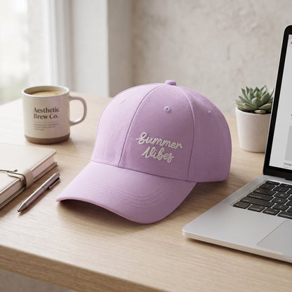 Lavender baseball cap with "Summer Vibes" embroidery on a wooden desk with a laptop, mug, and succulent.