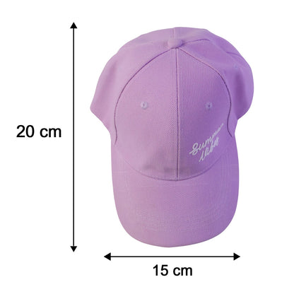 Lavender baseball cap with "Summer Vibes" embroidery, showing dimensions of 20 cm height and 15 cm width.