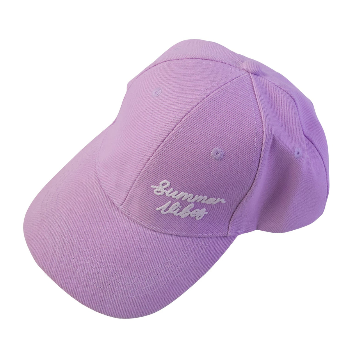 Angled view of a solid lavender baseball cap with "Summer Vibes" embroidered in white on a white background.