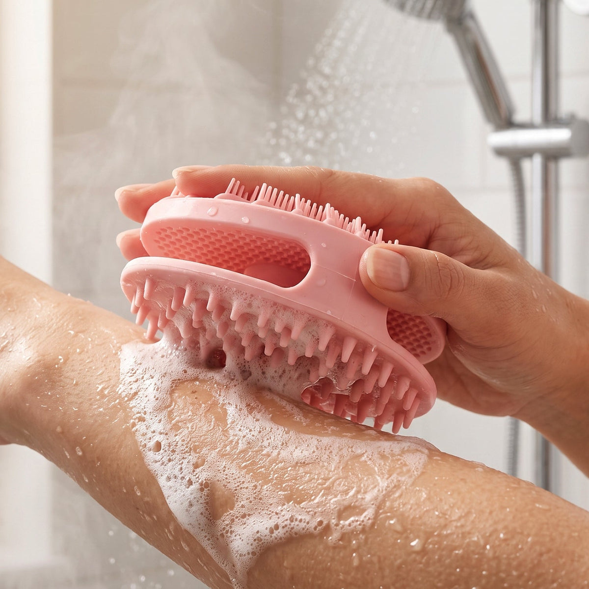 A hand holds a pink silicone body scrubber, scrubbing a soapy arm under a shower head.