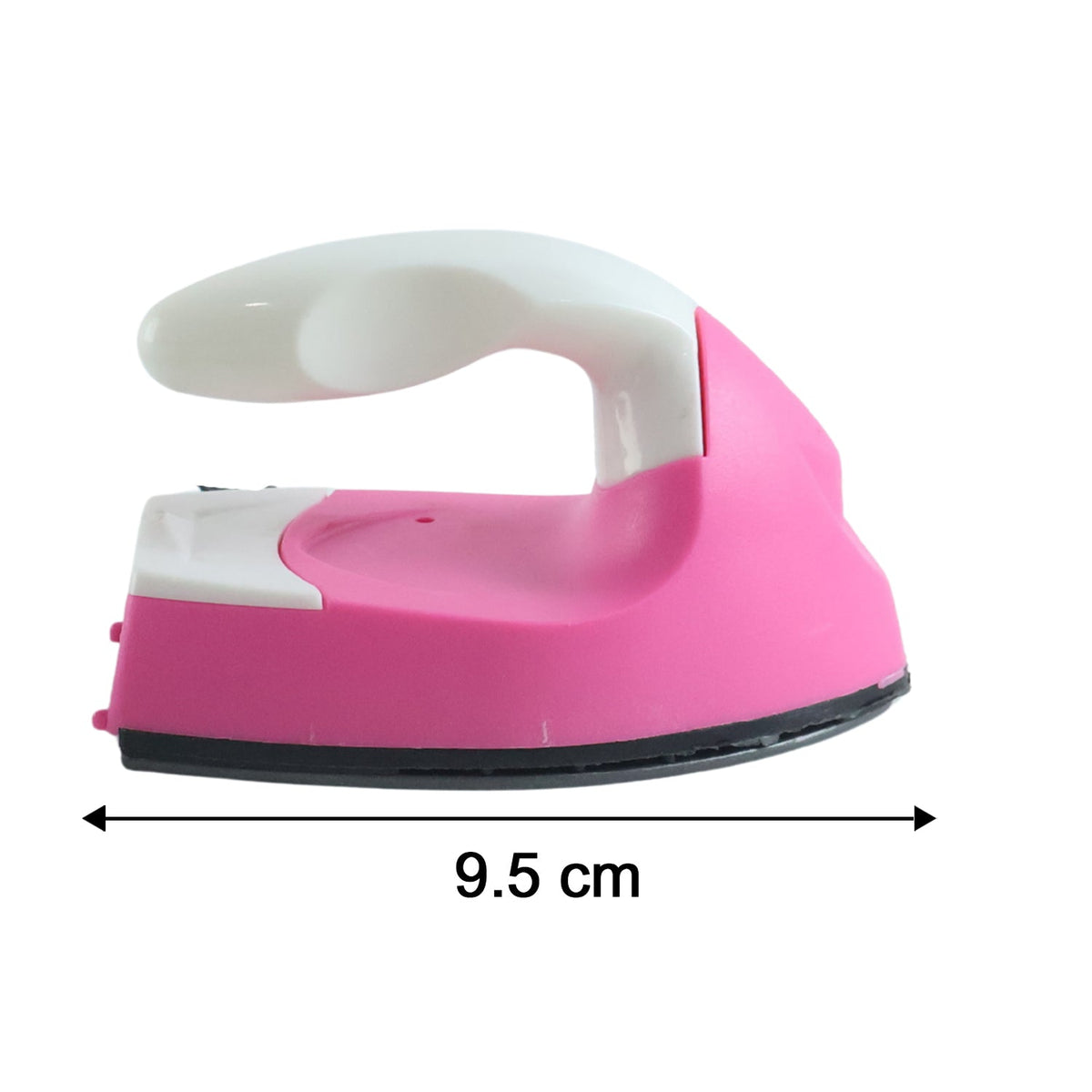 A side view of a pink and white mini iron with a measurement of 9.5 cm across its base.