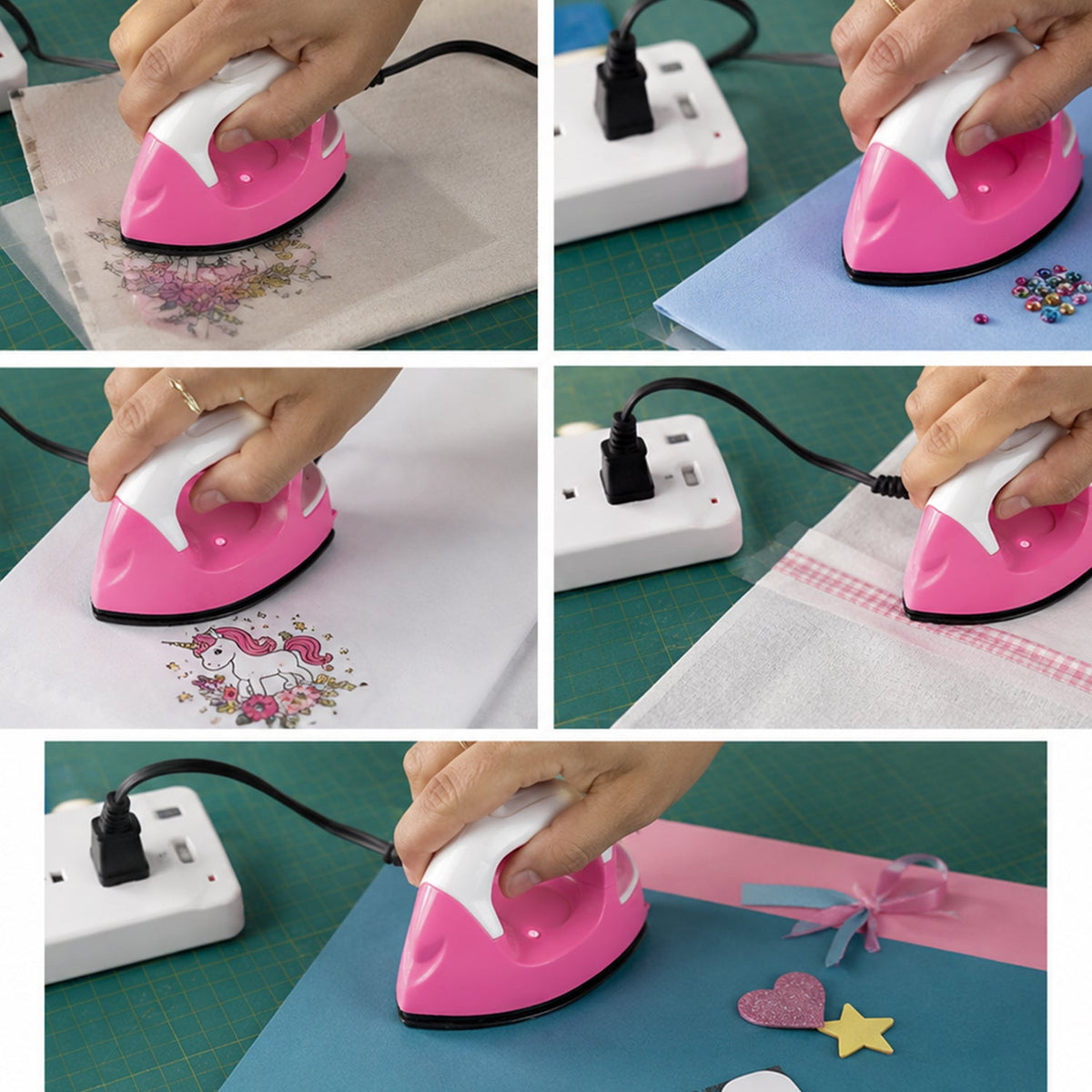 A collage of five images showing a pink mini iron being used on various craft projects, including fabric and paper.